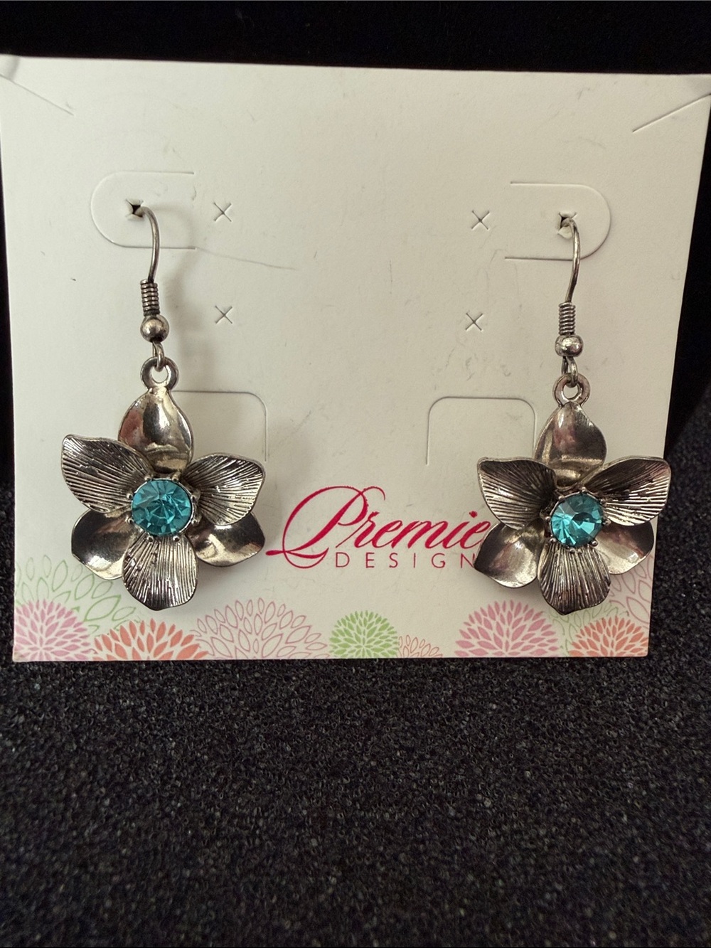 Premier Designs Silver Flower Earrings with Turquoise Blue Crystal